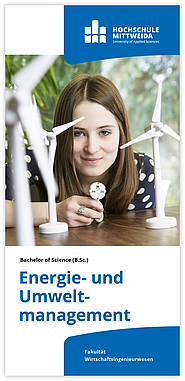 Eine junge Frau hält einen Stecker in der Hand, um sie herum stehen Miniatur-Windräder.